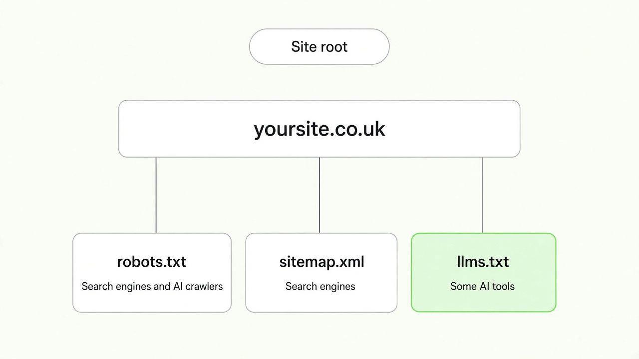 yoursite.co.uk at the site root, with robots.txt, sitemap.xml and llms.txt