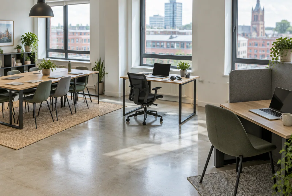Bright open-plan office with a team table and chairs, a single desk with laptop and headphones, and a quiet desk with a mug