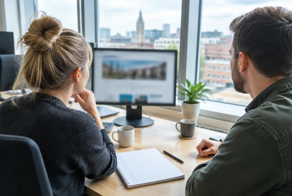 Two colleagues at a shared desk by a large window reviewing a website on a monitor, with a notebook, pen and mugs beside them