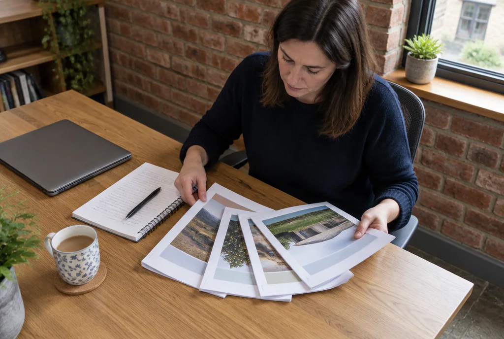 Woman at a wooden desk looks through several printed landscape photographs fanned out beside a notepad, pen, closed laptop