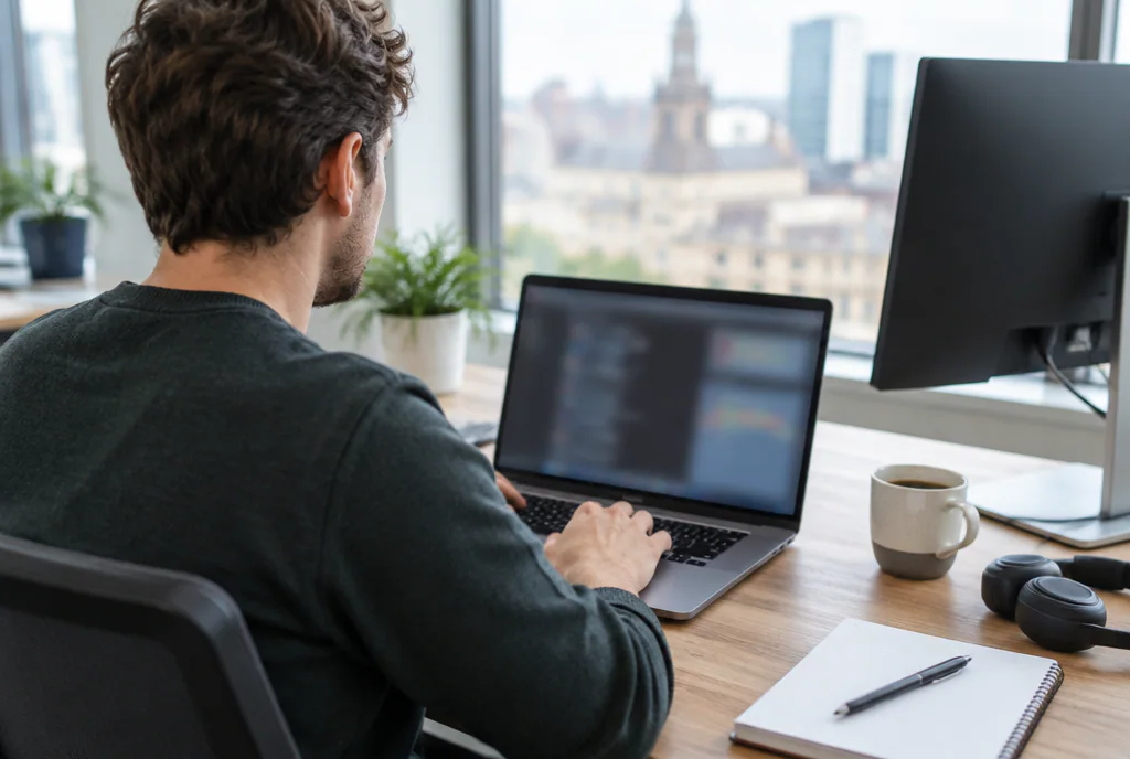 Developer seen from behind typing on a laptop at a wooden desk by a bright window, with a coffee, notebook and headphones