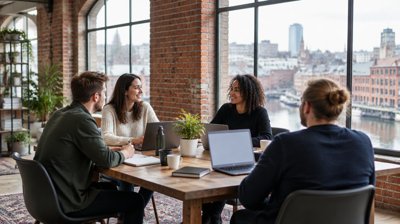 Four colleagues talk around a wooden table with laptops and coffee in a bright brick warehouse office overlooking a city