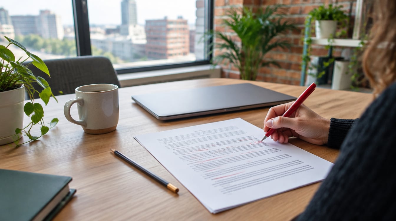 Person editing a printed article draft with a red pen at a wooden desk, with a mug, pencil and closed laptop beside it