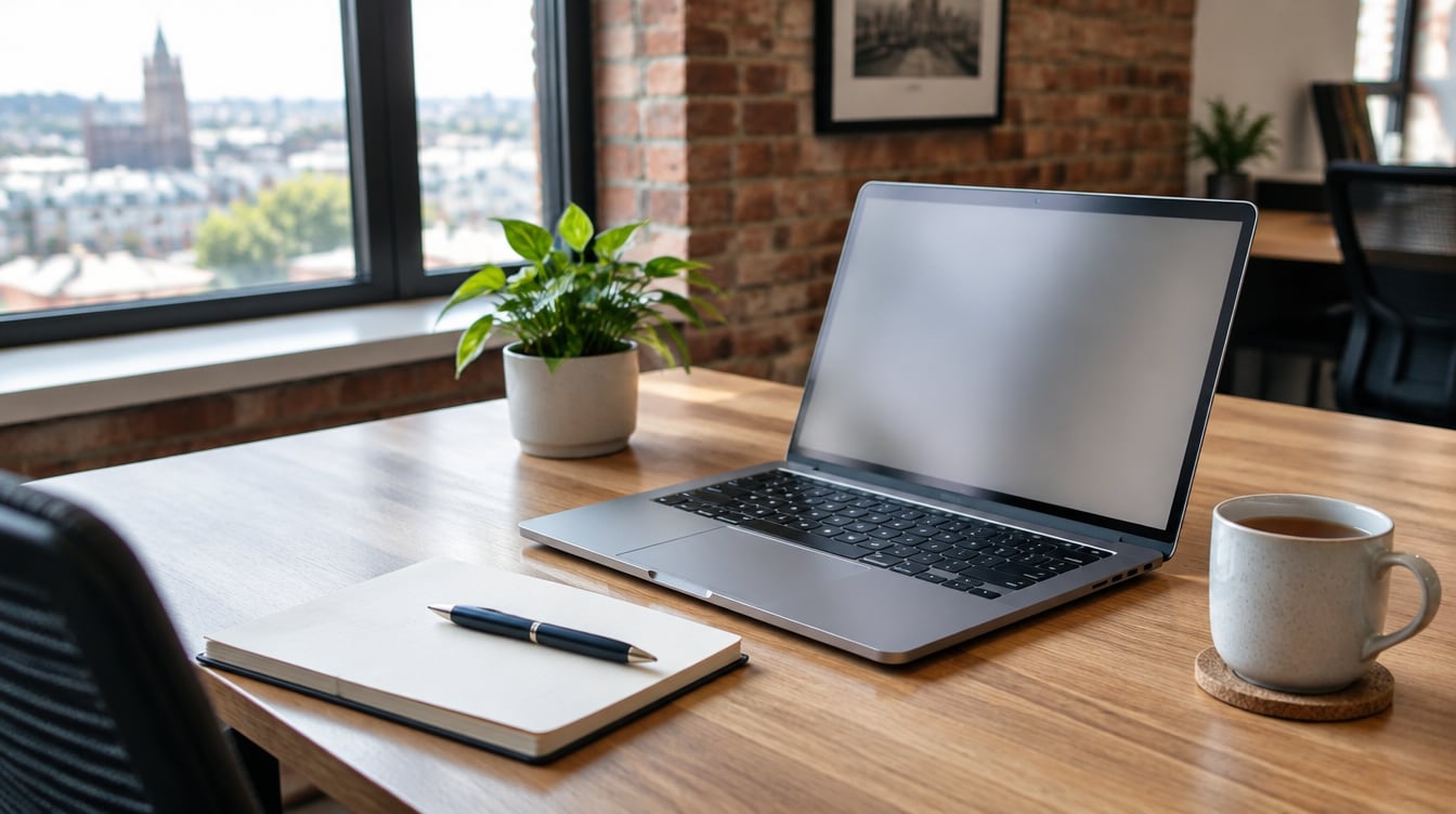 Laptop with a blank screen on a wooden desk beside a notebook and pen, a mug of tea and a potted plant, in a bright