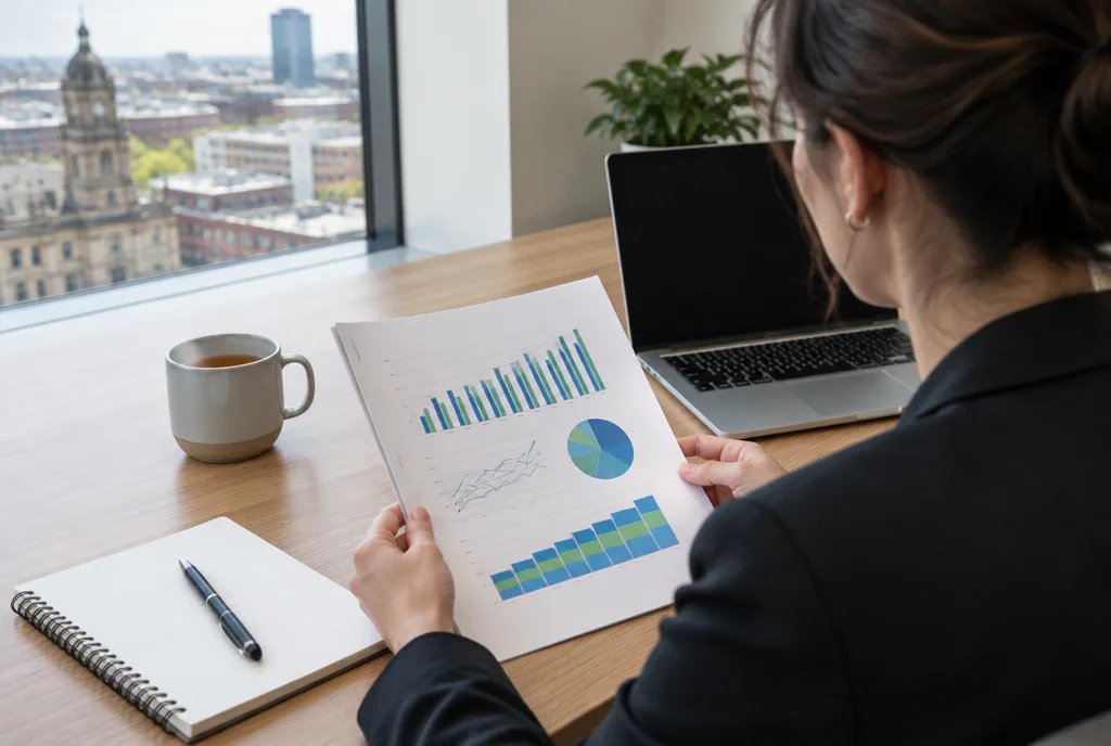 Over the shoulder of a woman in a dark blazer reading a printed report of charts at a desk, with a notebook, pen, tea and