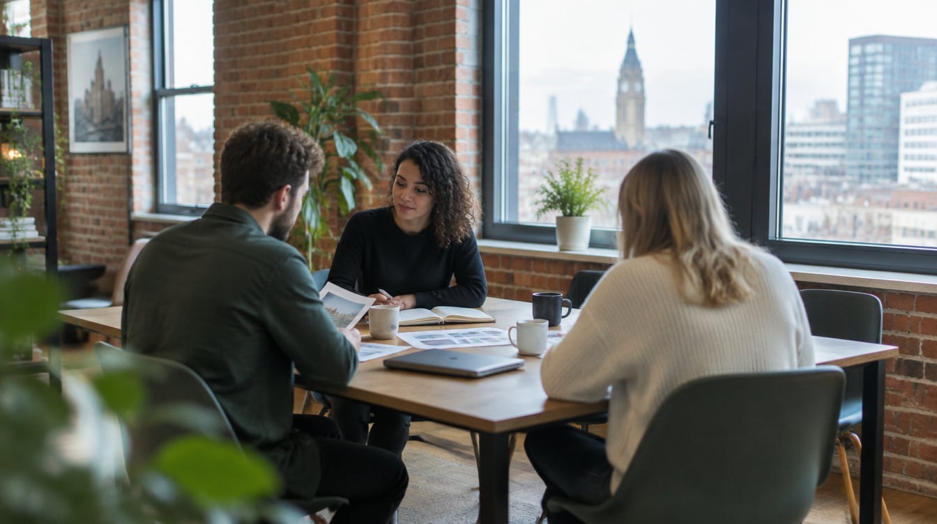 Three colleagues sit around a wooden table in a bright brick-walled office, reviewing printed pages with a city skyline