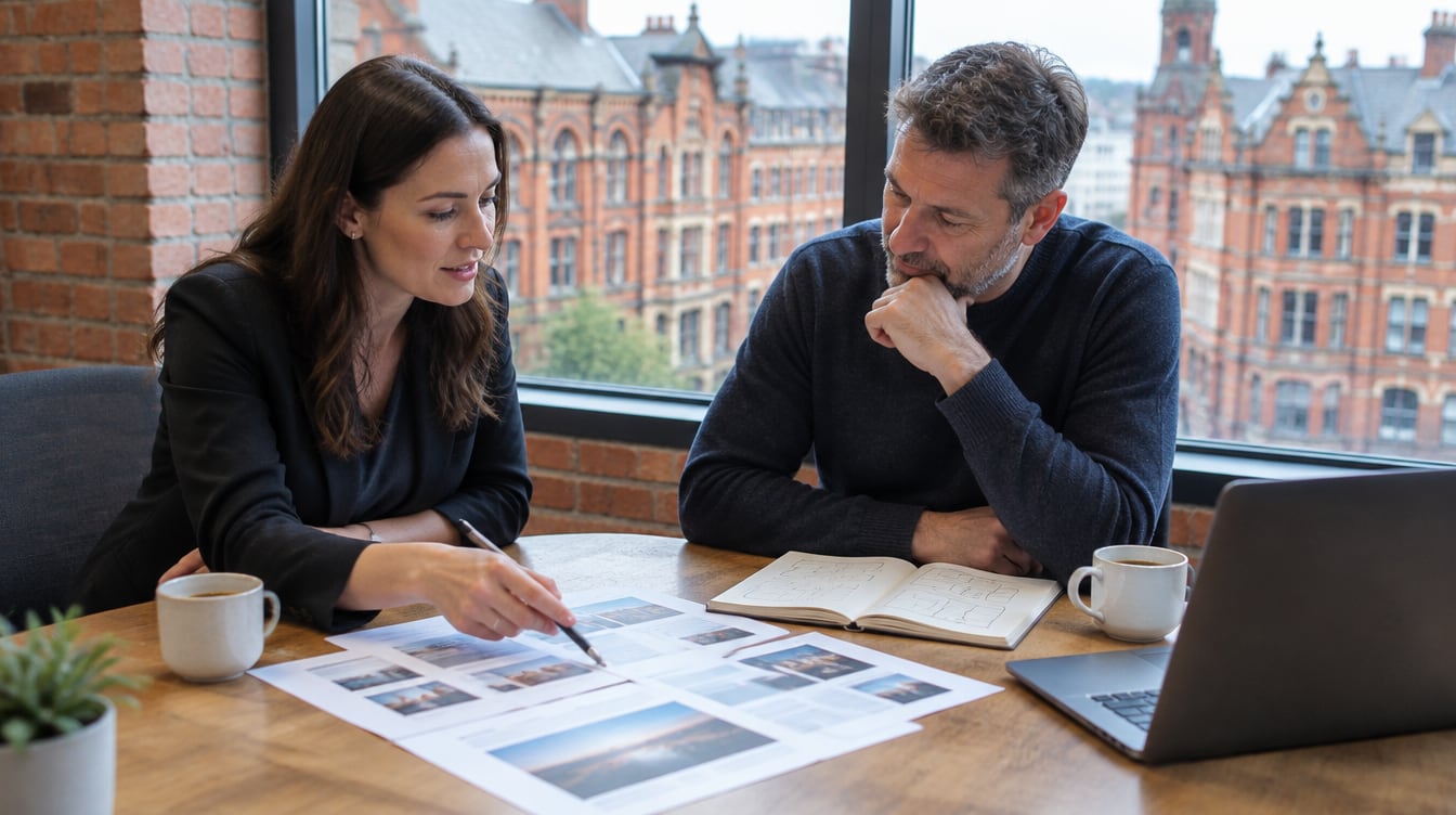 A consultant and a business owner review printed website page layouts at a wooden table by a window overlooking red brick