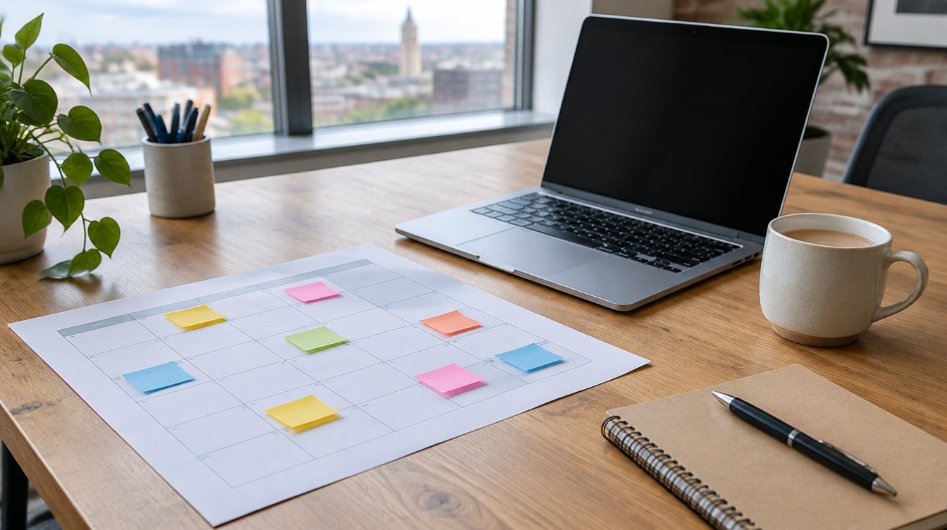Printed monthly planner grid with coloured sticky notes on a wooden desk beside a laptop, a mug of tea, a notebook and pen