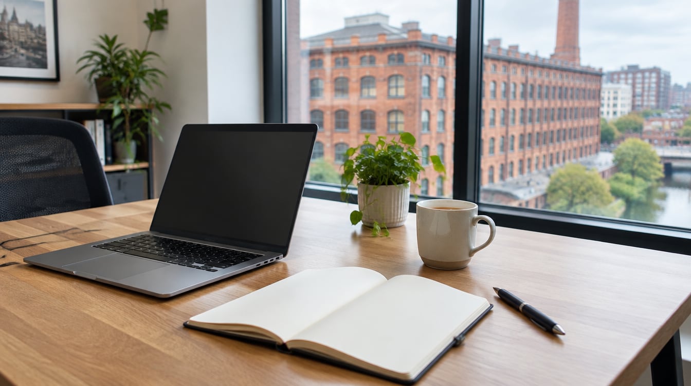 Desk by a large window with a laptop, open blank notebook, mug, pen and small plant, with a red-brick Victorian mill outside