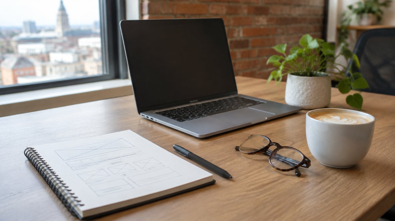 Wooden desk by a bright window with a laptop, wireframe sketchbook, flat white, round glasses and a potted plant