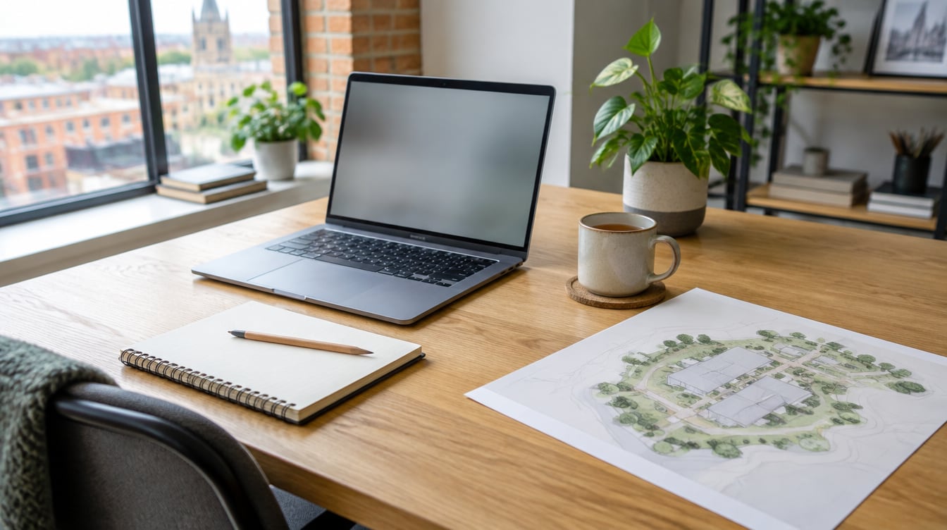 Bright studio desk with an open laptop, spiral notebook and pencil, mug of tea, potted plant and a printed site plan beside