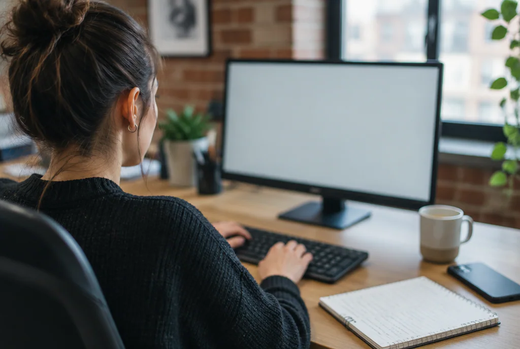 Woman with her hair in a bun typing at a desk, facing a blank monitor, with a notebook, mug and phone beside her.