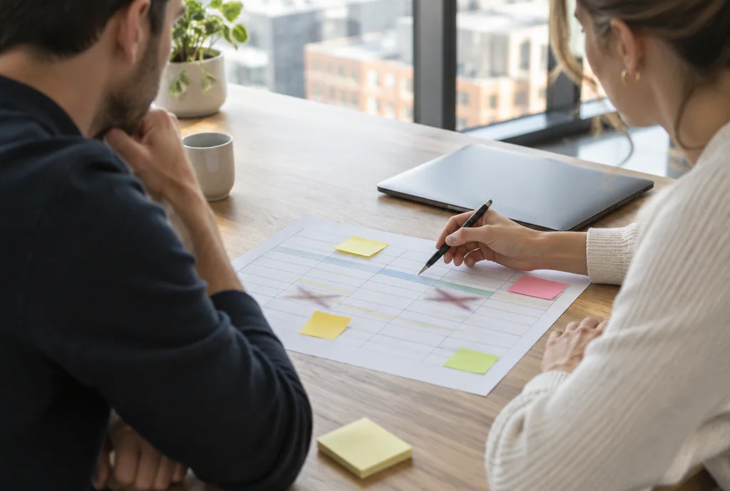 Two colleagues review a printed planning grid with sticky notes on a wooden table, one holding a pen over a row, laptop