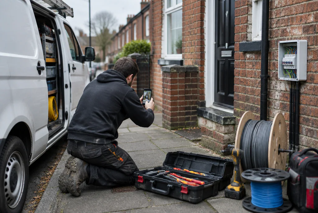 Electrician kneeling on a terraced street pavement beside an open toolbox and cable reels, photographing finished work on a