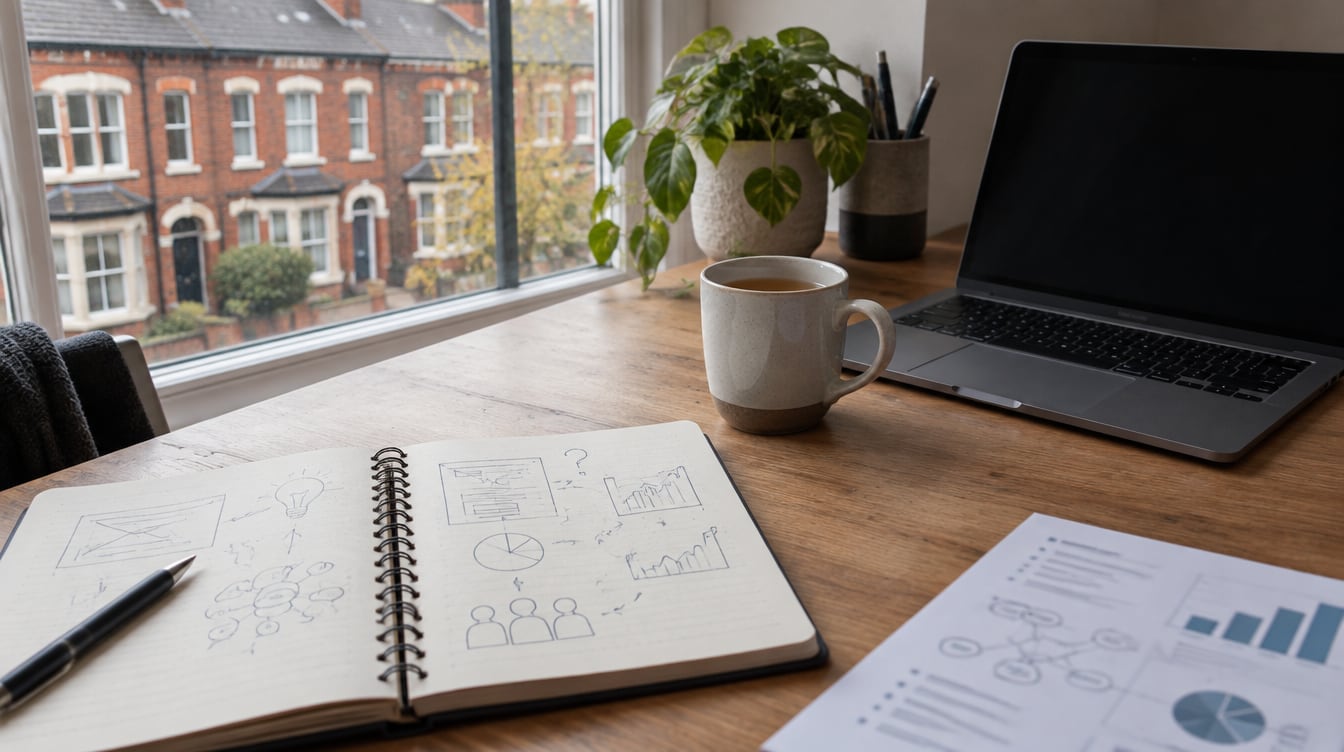 Desk by a window with an open sketch notebook, mug of tea, plant and laptop, with red-brick Victorian terraces outside